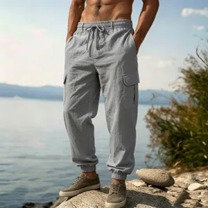 Men's casual lightweight cargo jogger pants with multi-pockets and elastic drawstring waist.
