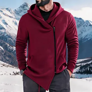 Detailed view of men's burgundy fleece-lined asymmetrical zip hoodie in snowy mountain outdoor.