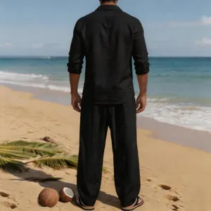 Conjunto camisa pantalón lino negro hombre playa casual transpirable ropa verano vacaciones