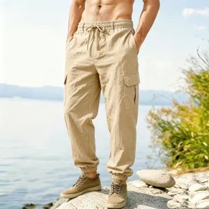 Men's casual cargo jogger pants, lightweight breathable linen material with multiple pockets.