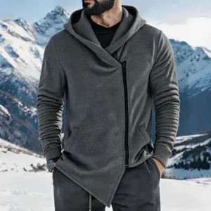 Men's fleece-lined asymmetric zip hoodie jacket featuring a unique diagonal zipper for winter.