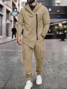 Detailed view of men's khaki asymmetrical zip hoodie and cargo pants set for casual wear.