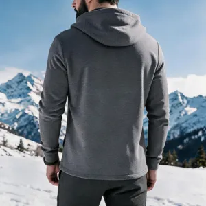 Men's casual fleece-lined hooded sweatshirt rear view, warm autumn winter outdoor jacket.