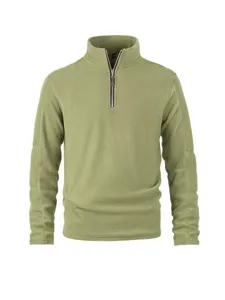 Men's olive green fleece half-zip sweatshirt detail view, soft mock neck and long sleeves.