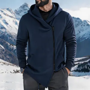 Close-up detail of mens asymmetrical zip fleece hoodie in dark blue for casual cold winter wear.