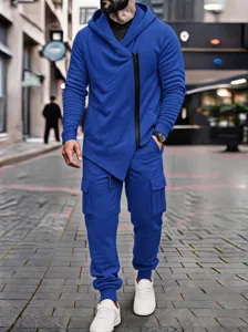 Men's royal blue fleece lined casual hoodie and cargo sweatpants set detailed view.