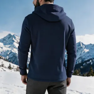 Men's dark blue fleece-lined hooded sweatshirt, casual outdoor winter detail view.