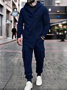 Close-up detail view of men's fleece-lined hooded sweatshirt and cargo jogger pants set.