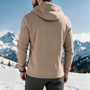 Men's casual fleece-lined hooded sweatshirt in khaki, stylish winter outdoor apparel.