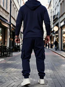 Men's fleece-lined hooded sweatshirt and cargo joggers set in dark blue for winter outdoor wear.