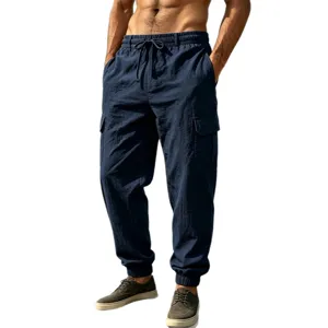 Men's casual cotton linen cargo pants, loose fit breathable trousers with cuffed ankles and multi pockets.