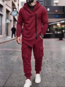 Men's winter fleece-lined hoodie and cargo sweatpants set, casual asymmetric zip sportswear.
