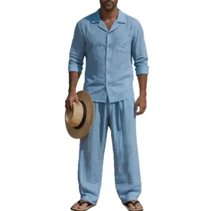 Conjunto casual de camisa de lino de manga larga y pantalones para playa hombre verano
