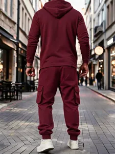 Men fleece lined tracksuit casual hooded sweatshirt and cargo pants set for winter outdoors