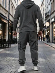Detailed back view of men's heavy fleece lined casual cargo tracksuit hoodie and sweatpants.