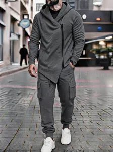 Men's fleece-lined casual hooded sweatshirt and cargo pants set, perfect for outdoor sports.