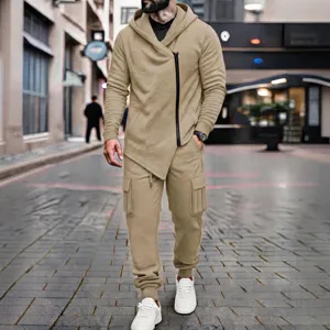 Men fleece thick hoodie and cargo pants set autumn winter casual outdoor tracksuit khaki