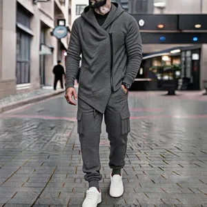 Mens Autumn Winter Fleece Lined Casual Cargo Hoodie Sweatshirt And Tracksuit Pants Set