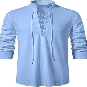 Herren hellblau Baumwolle Leinen Henley Hemd Schnürung Langarm Freizeit Strandoberteil