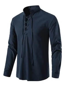 Herren Einfarbig Stehkragen Langarm Leinenhemd Hippie Strand Henley Shirt Oberteil.
