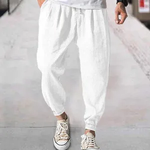 Men's casual loose summer breathable cuffed beach trousers solid color comfortable wear