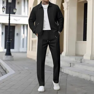 Tuta casual autunnale da uomo in tessuto waffle con giacca e pantaloni con cerniera revers