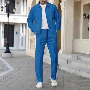 Tuta uomo felpa waffle blu giacca e pantaloni set casual elegante con zip tasche nuove