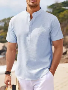 Men's short sleeve stand collar button casual striped shirt top for summer beach wear