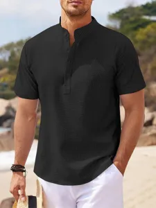 Men's short sleeve waffle knit stand collar casual henley shirt in black for summer