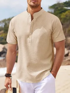 Men's short sleeve stand collar waffle knit casual shirt in beige, perfect for summer beach wear.