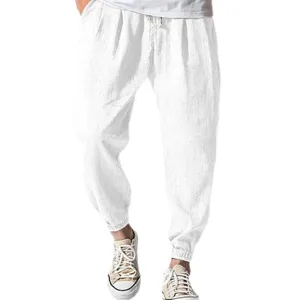 Men's casual loose white trousers summer breathable drawstring cuffed beach joggers pants