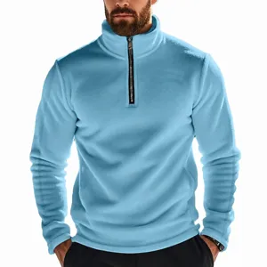 Sweat-shirt polaire pour homme col montant demi-zip décontracté en bleu clair uni.