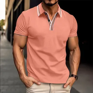 Close-up view of men's short sleeve polo shirt featuring stylish striped collar and button placket.