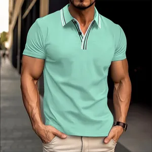Detailed view of men's mint green short sleeve polo shirt with striped collar and buttons.