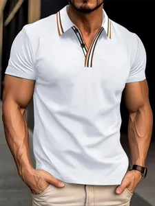 Men Striped Collar Casual Polo Shirt Polyester Business Short Sleeve Lapel Top Summer Versatile Comfortable Fashion Polo