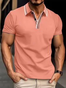 Men's casual polo shirt with striped lapel collar, short sleeve business top for summer.