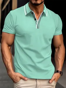 Men's casual short sleeve polo shirt with contrast striped collar and button placket.