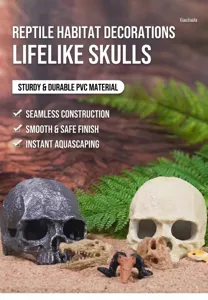 Vista detallada de decoración de calavera realista para terrarios y acuarios.