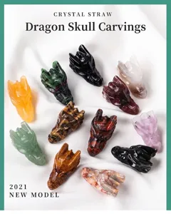 Calaveras de dragón talladas a mano en diversas piedras preciosas y cristales naturales
