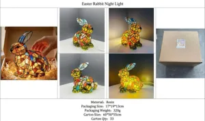 Detailansicht der bunten Mosaik-Harz-Hasen-Nachtlampe für Tischdeko