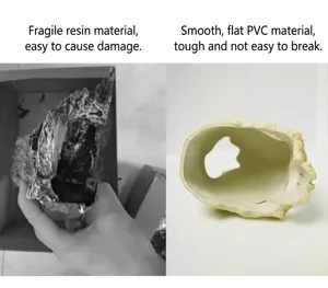 Comparación de material PVC duradero frente a resina frágil para cueva reptil