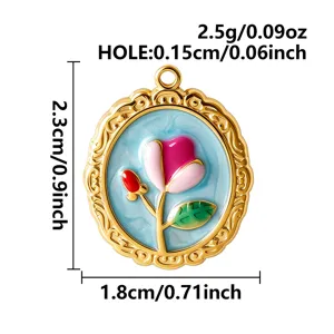 Detailed view of a tulip enamel pendant showing precise measurements and weight