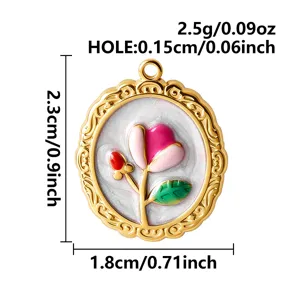 Detailed view of enamel tulip pendant featuring precise height, width, and weight specifications