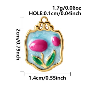 Detailed view of gold-plated enamel tulip flower pendant with size measurements
