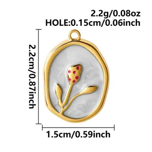 Detailed dimension specs for stainless steel tulip pendant with pink dotted enamel charm