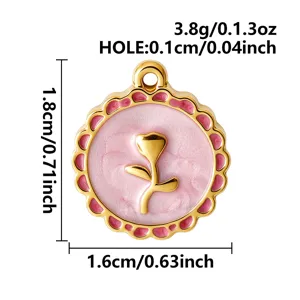 Detailed dimension view of gold tulip pendant with pink enamel and wavy gold border.