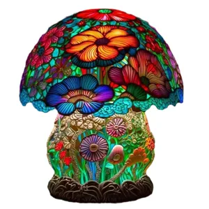 Lampe de table champignon colorée style Tiffany avec motif floral pour décoration