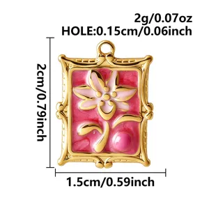 Detailed dimensions and weight of the pink tulip enamel pendant in a gold-plated frame.
