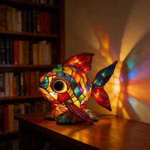 Detail der Fisch-Nachtlampe im Tiffany-Stil, die bunte Muster an die Wand wirft