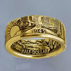 Anillo vintage estilo moneda de medio dólar 1945 Walking Liberty en oro antiguo tallado